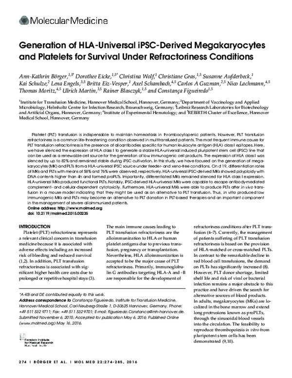 (PDF) Generation of HLA-universal iPSCs-derived megakaryocytes and ...