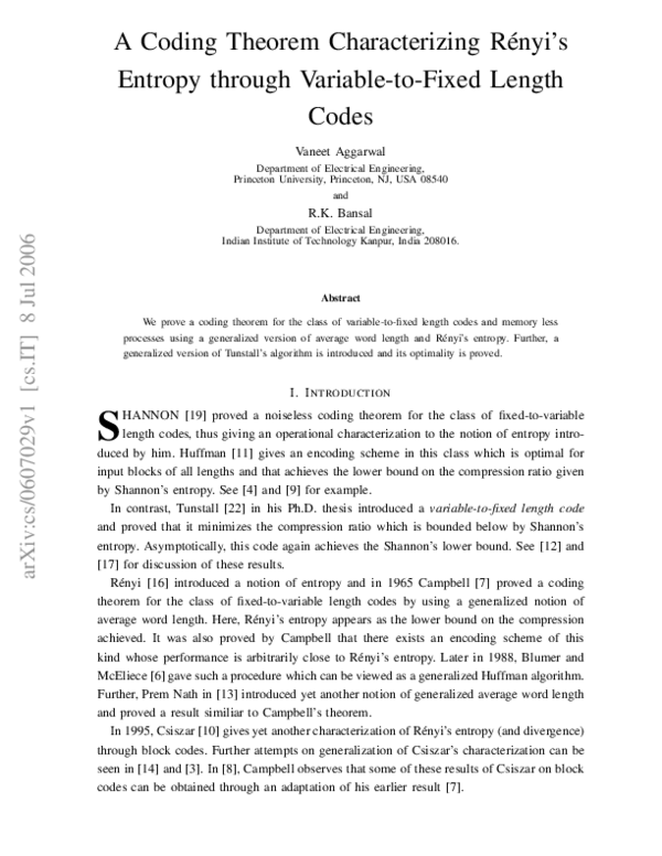 (PDF) A Coding Theorem Characterizing Renyi's Entropy through Variable ...