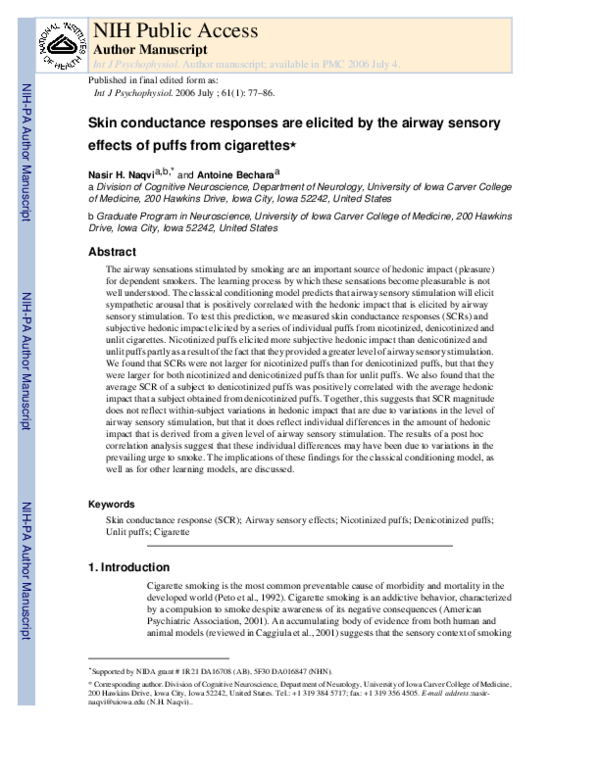 Skin conductance responses are elicited by the airway sensory effects of puffs from cigarettes