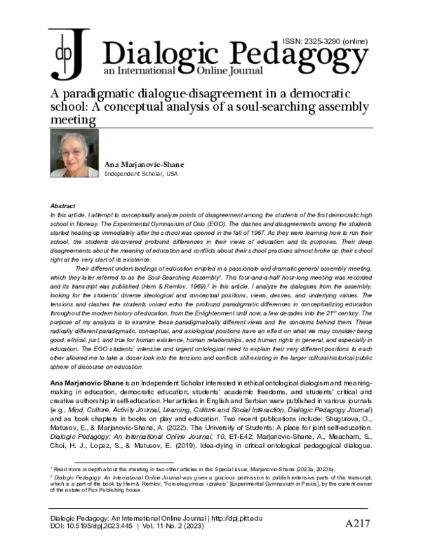 (PDF) A paradigmatic dialogue-disagreement in a democratic school: A ...