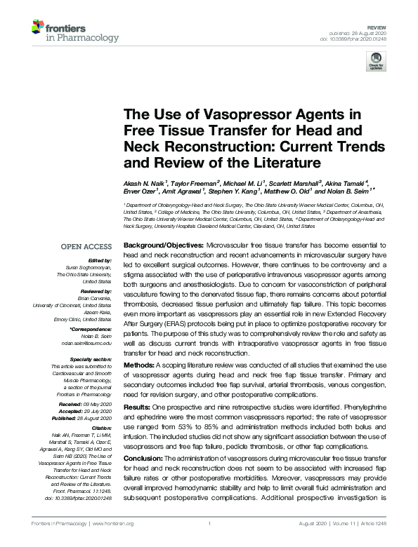 (PDF) The Use of Vasopressor Agents in Free Tissue Transfer for Head ...