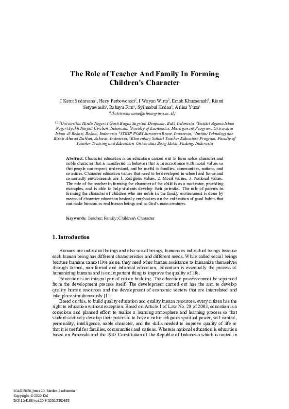 (PDF) The Role of Teacher And Family In Forming Children's Character