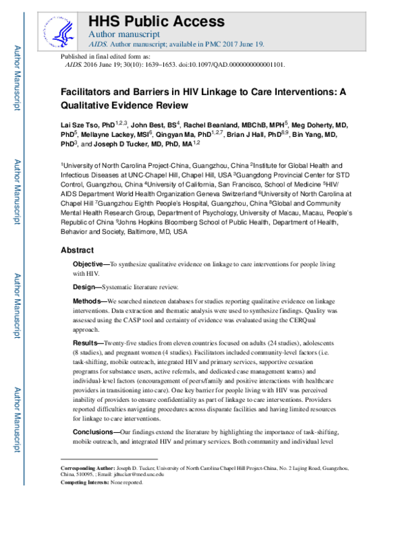 (PDF) Facilitators and barriers in HIV linkage to care interventions: a ...