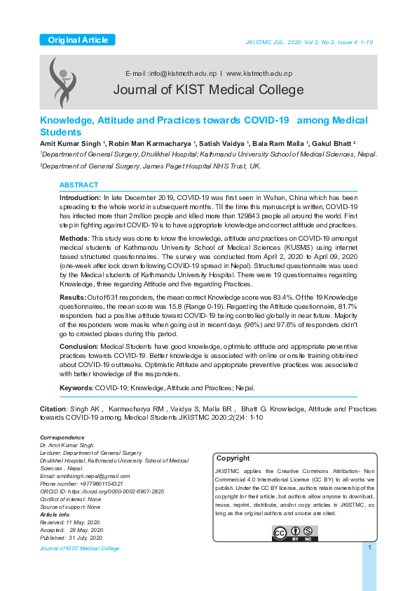 (PDF) Knowledge, Attitude and Practices towards COVID-19 among Medical ...