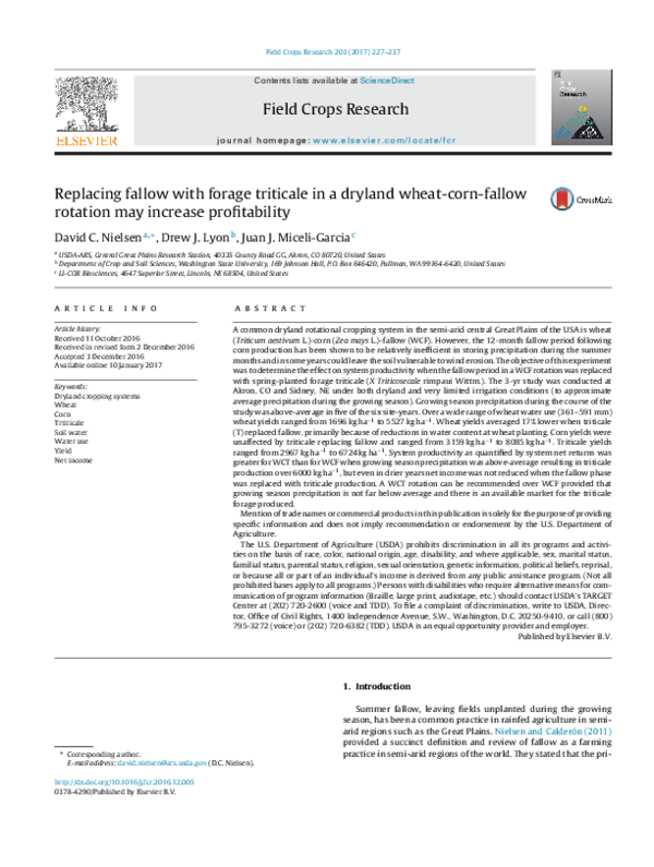 (PDF) Replacing fallow with forage triticale in a dryland wheat-corn ...