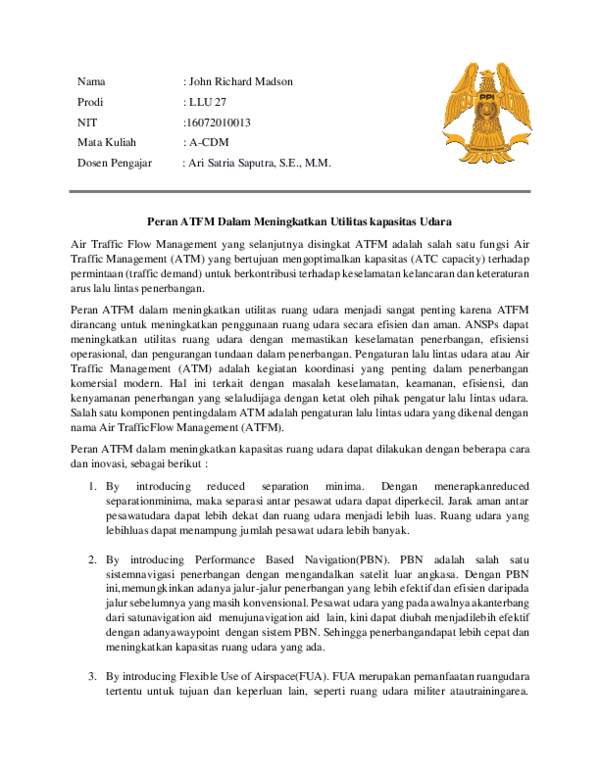 (PDF) Peran ATFM dalam Meningkatkan Utilitas Kapasitas Ruang Udara