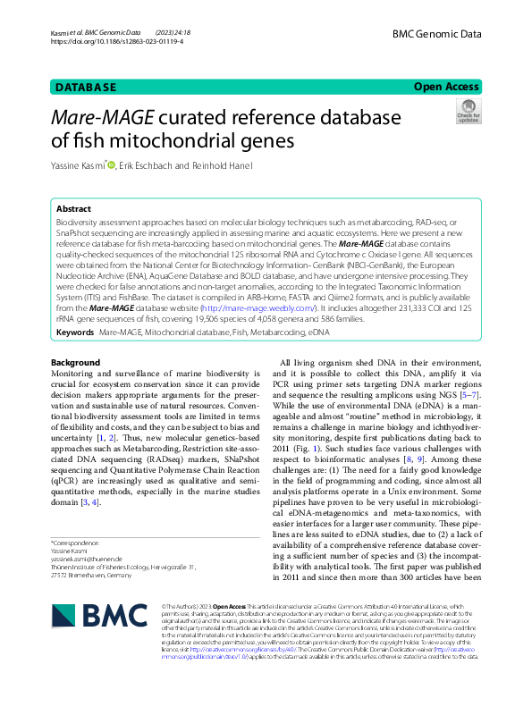 (PDF) Mare-MAGE curated reference database of fish mitochondrial genes