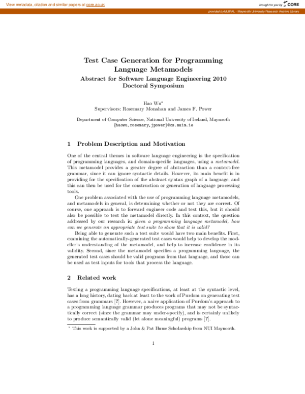 (PDF) Test Case Generation for Programming Language Metamodels