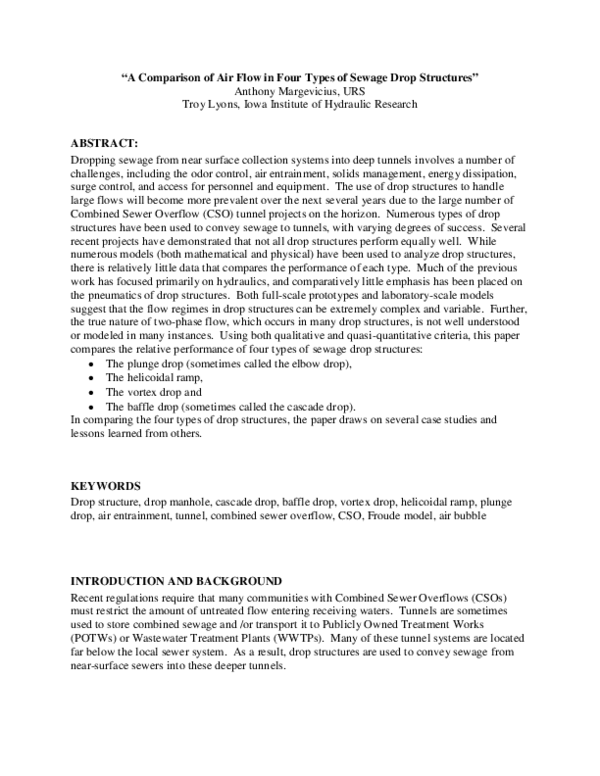 (PDF) “A Comparison of Air Flow in Four Types of Sewage Drop Structures”