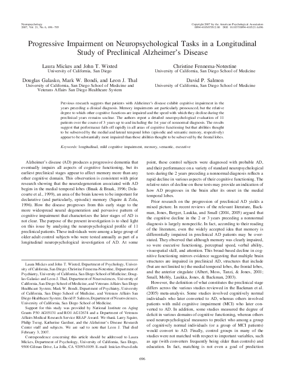 (PDF) Progressive impairment on neuropsychological tasks in a ...