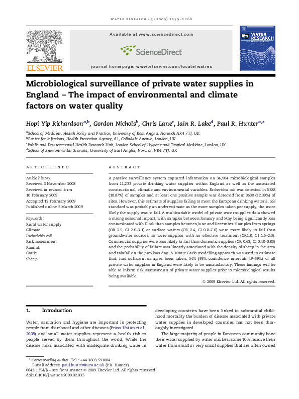 (PDF) Microbiological surveillance of private water supplies in England The impact of