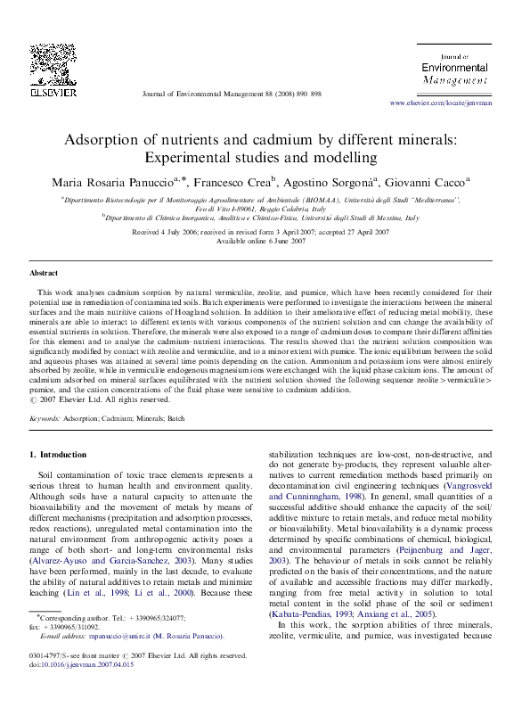 (PDF) Adsorption of nutrients and cadmium by different minerals