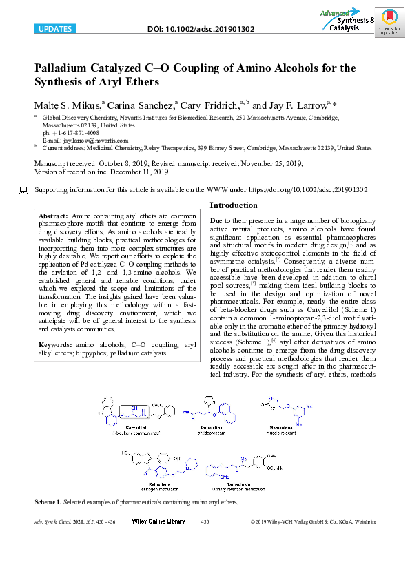 (PDF) Palladium Catalyzed C−O Coupling of Amino Alcohols for the ...