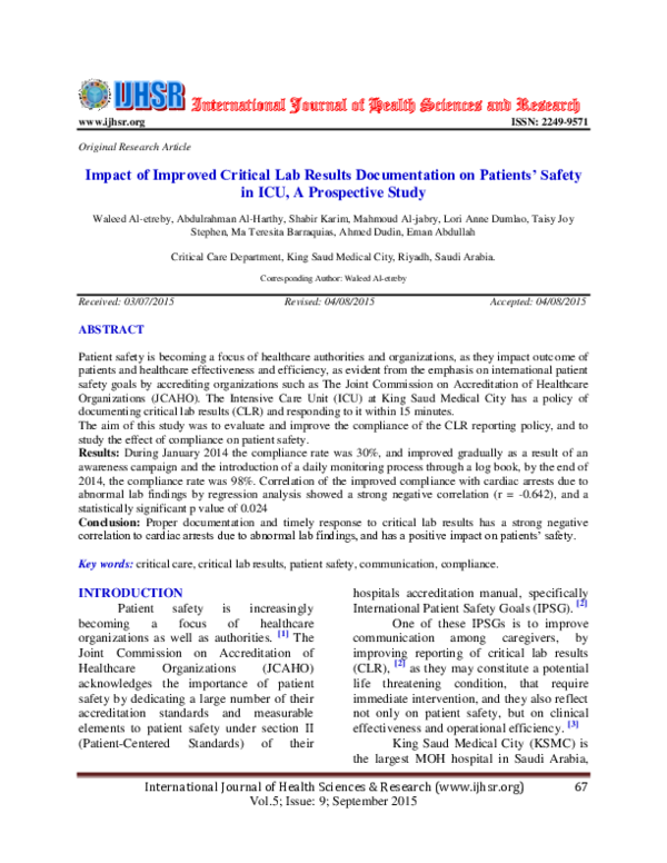 (PDF) Impact of Improved Critical Lab Results Documentation on Patients ...