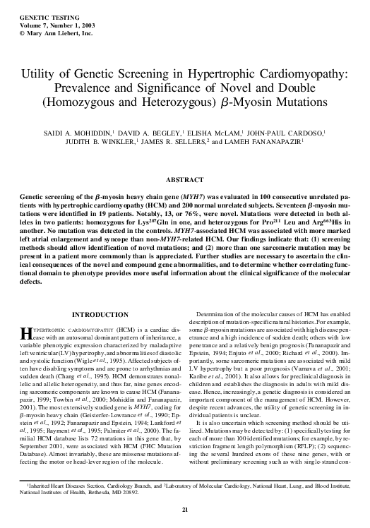 (PDF) Utility of Genetic Screening in Hypertrophic Cardiomyopathy ...