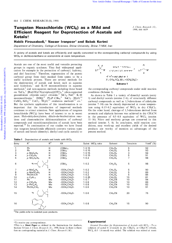 (PDF) Tungsten Hexachloride (WCl6) as a Mild and Efficient Reagent for ...