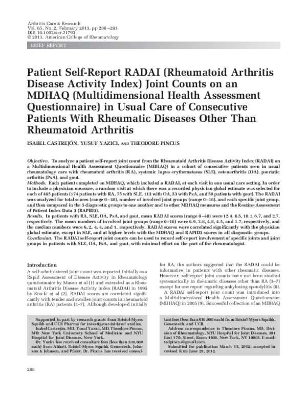 (PDF) Patient selfreport RADAI (Rheumatoid Arthritis Disease Activity