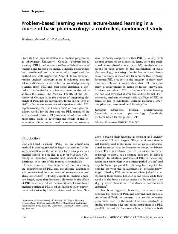 (PDF) Problem‐based learning versus lecture‐based learning in a course ...