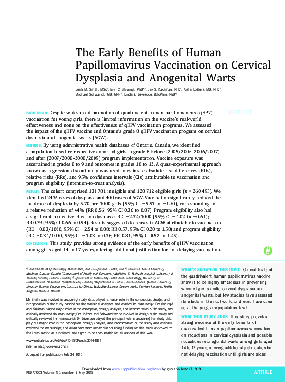 (PDF) The early benefits of human papillomavirus vaccination on ...