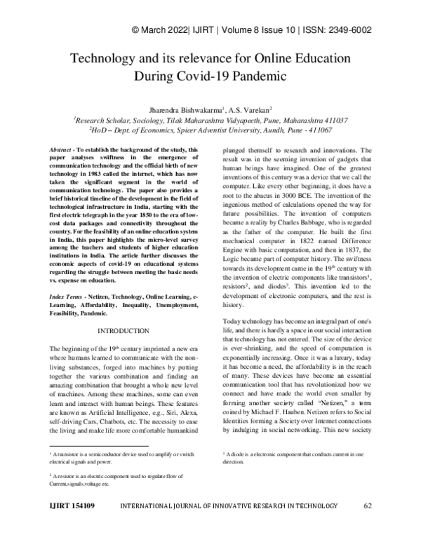 (PDF) Technology and its relevance for Online Education During Covid-19 ...