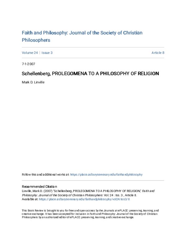 (PDF) J. L. Schellenberg Prolegomena to a Philosophy of Religion