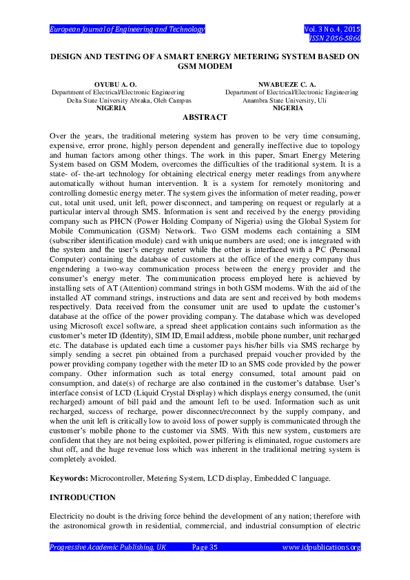 (PDF) DESIGN AND TESTING OF A SMART ENERGY METERING SYSTEM BASED ON GSM ...
