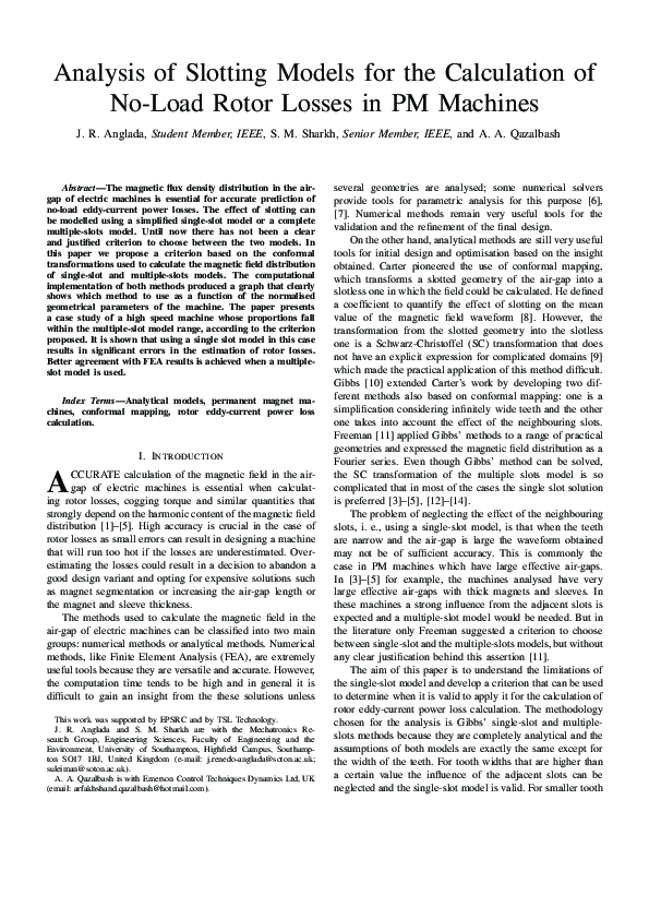 (PDF) Analysis of slotting models for the calculation of noload rotor losses in PM machines