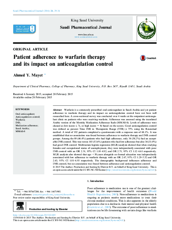 (PDF) Patient adherence to warfarin therapy and its impact on ...
