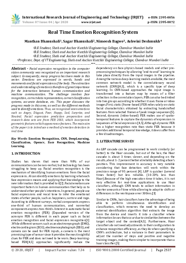 (PDF) Real Time Emotion Recognition System