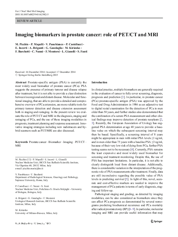 (PDF) Imaging biomarkers in prostate cancer: role of PET/CT and MRI