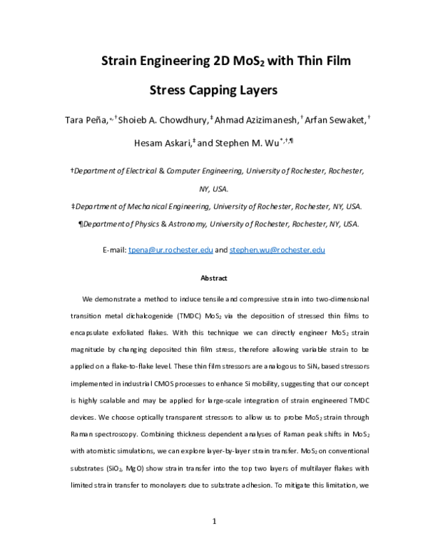 (PDF) Strain engineering 2D MoS2 with thin film stress capping layers