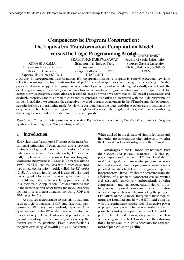 (PDF) Componentwise Program Construction: The Equivalent Transformation ...