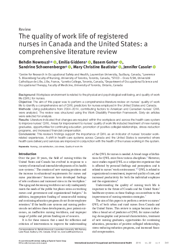 (PDF) The quality of work life of registered nurses in Canada and the ...