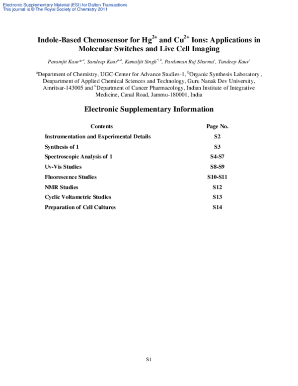 (PDF) Indole-Based Chemosensor for Hg2+ and Cu2+ Ions: Applications in ...