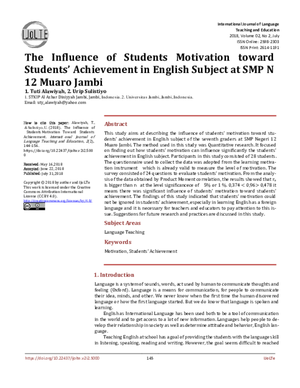 (PDF) The Influence of Students Motivation Toward Students Achievement