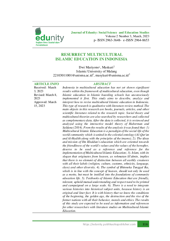 (PDF) RESURRECT MULTICULTURAL ISLAMIC EDUCATION IN INDONESIA