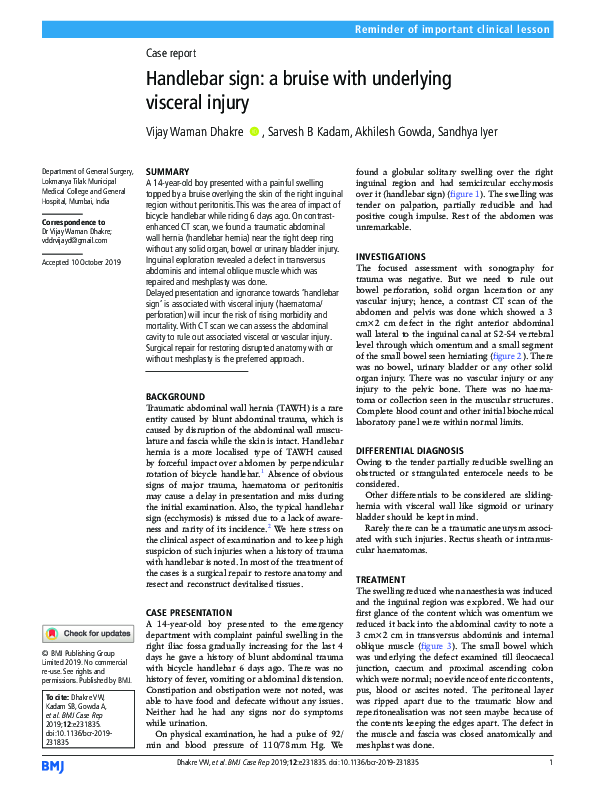 (PDF) Handlebar sign a bruise with underlying visceral injury