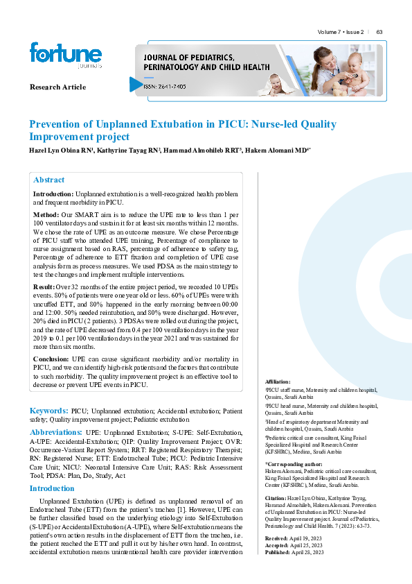 (PDF) Prevention of Unplanned Extubation in PICU: Nurse-led Quality ...