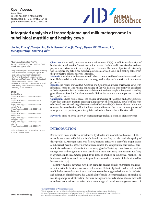 (PDF) Integrated analysis of transcriptome and milk metagenome in ...