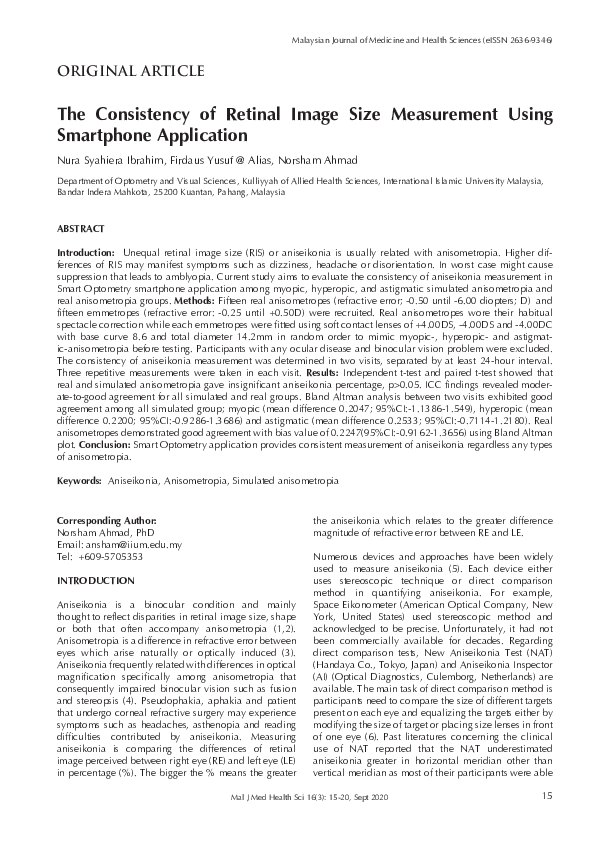 (PDF) The consistency of retinal image size measurement using ...