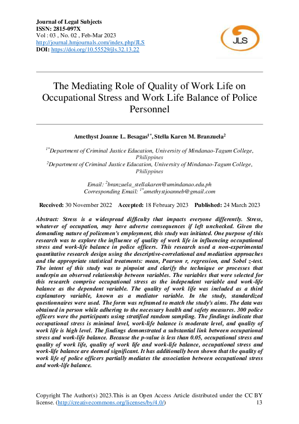 (PDF) The Mediating Role of Quality of Work Life on Occupational Stress ...