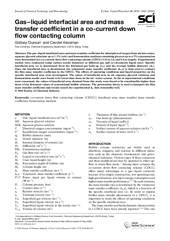 (PDF) Gas–liquid interfacial area and mass transfer coefficient in a co ...