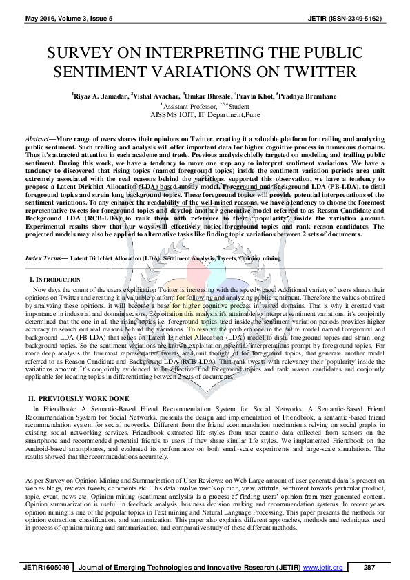 (PDF) Survey on Interpreting the Public Sentiment Variations on Twitter