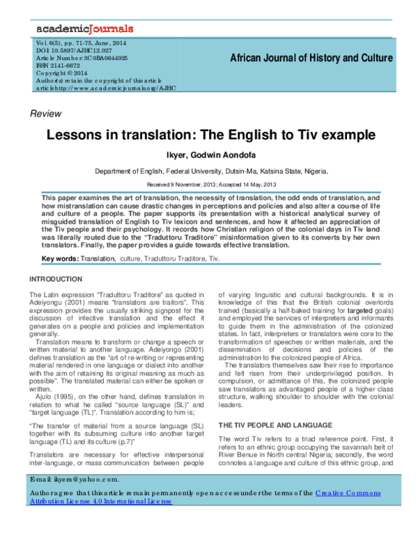 (PDF) Lessons in translation: The English to Tiv example