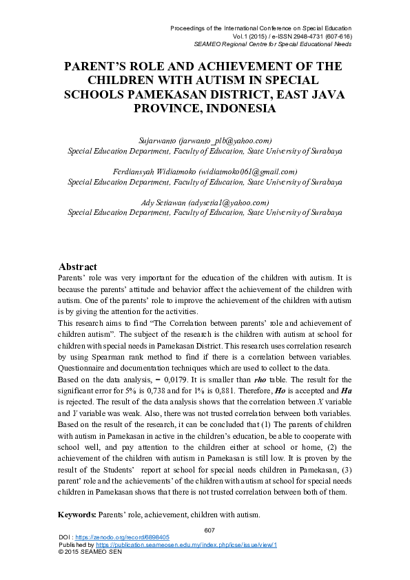 (PDF) Parent's Role and Achievement of the Children with Autism in ...