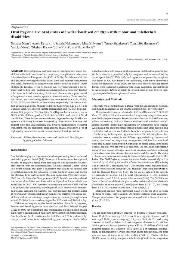 (PDF) Oral hygiene and oral status of institutionalized children with ...