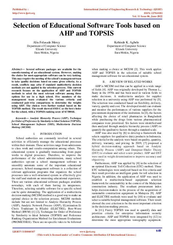 (PDF) Selection of Educational Software Tools based on AHP and TOPSIS