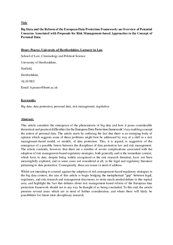(PDF) Big data and the reform of the European data protection framework ...