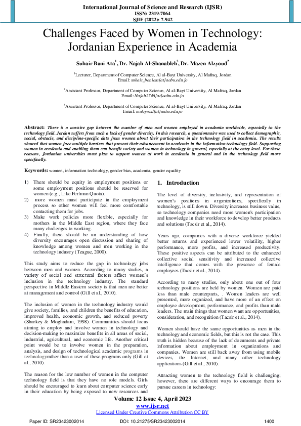 (PDF) Challenges Faced by Women in Technology: Jordanian Experience in ...