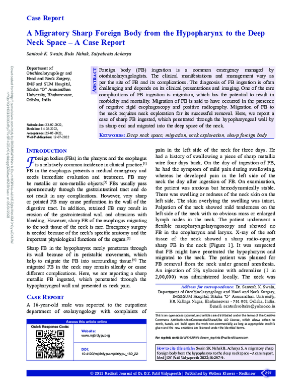 (PDF) A Migratory Sharp Foreign Body from the Hypopharynx to the Deep ...